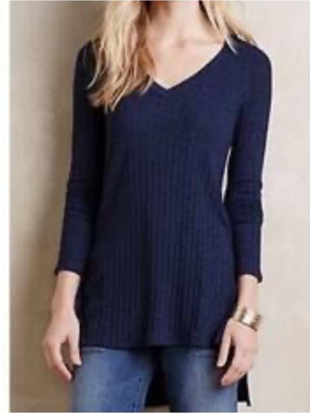 (BOGO FREE) Anthropologie Deletta Navy Blue V- Neck Sweater Top Small